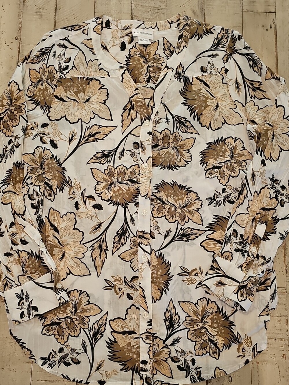 Liz Claiborne Cream and Brown Floral Button-Front Blouse
